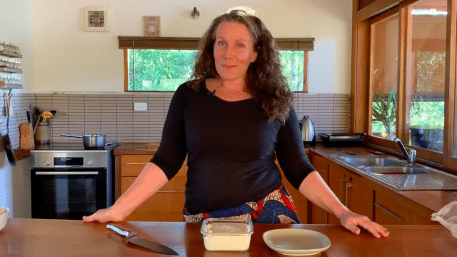 Morag Gamble in her kitchen with the ingredients to make tofu from scratch